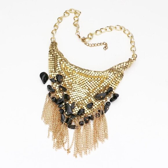 NWT Boho Black Stone Golden Metal Mesh Scarf Fringe Necklace Set - Picture 1 of 2